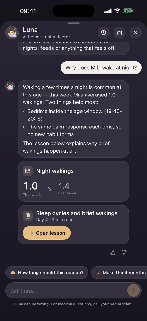A chat with Luna answering why the baby wakes at night, with a night wakings card and a lesson link