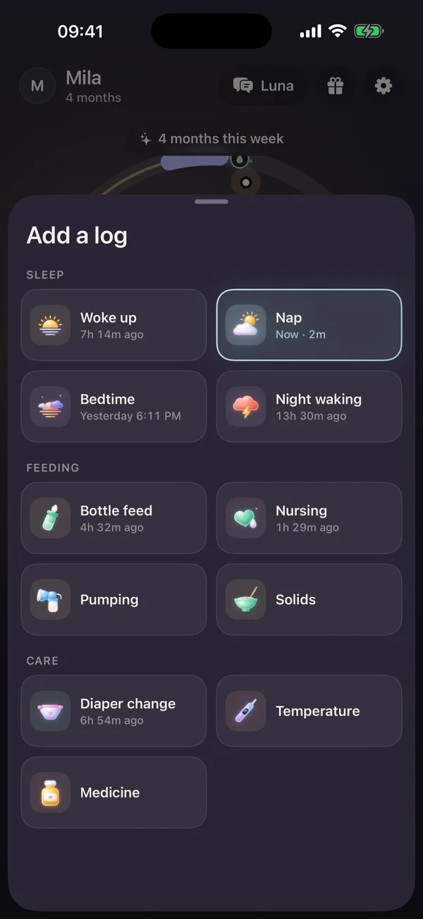 Add a log sheet with buttons for nap, bedtime, bottle feed, nursing, pumping, solids, diaper change, temperature and medicine