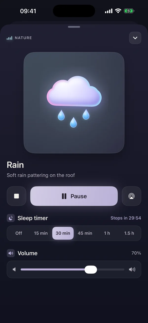 Rain sound playing with a 30 minute sleep timer and a volume slider